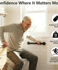 Rock Solid Heavy Duty Hand Rail Stays Secure Zero Hassle Wall Mount Safety Grip Bar For Bathroom Deck Shower Rustproof Black Steel Support Traction Grip Indoor Outdoor Use with elderly man in bathroom.
