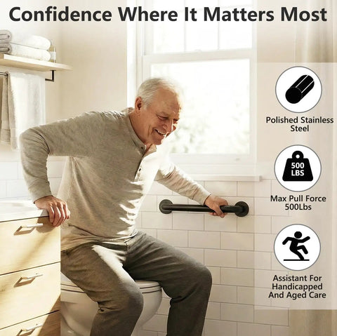 Rock Solid Heavy Duty Hand Rail Stays Secure Zero Hassle Wall Mount Safety Grip Bar For Bathroom Deck Shower Rustproof Black Steel Support Traction Grip Indoor Outdoor Use with elderly man in bathroom.
