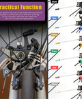 All In One Bike Repair Kit With 121Pcs Heavy Duty Cable Cutter Spoke Nipples And Crimps Set Includes 1 Cable Cutter And 6 Color Aluminum Alloy End Caps For Brake Cables On Bikes Up To 5 32nd Inch displayed on bicycle brakes and colorful end caps.
