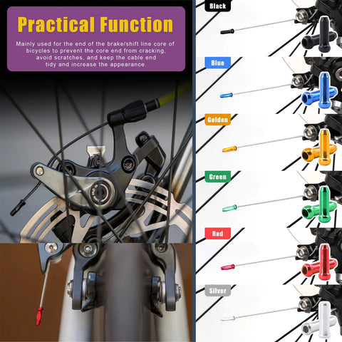 All In One Bike Repair Kit With 121Pcs Heavy Duty Cable Cutter Spoke Nipples And Crimps Set Includes 1 Cable Cutter And 6 Color Aluminum Alloy End Caps For Brake Cables On Bikes Up To 5 32nd Inch displayed on bicycle brakes and colorful end caps.