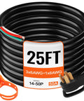 Rock Solid 25 Foot 50 Amp Generator Extension Cord With Nema 14 50P To Raw End Wire For Rv Trailers Home Backup Generators And Manual Transfer Switches No Sweat Hookup Pro Grade Copper with black cable and orange marker.