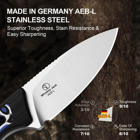 Close-up of Whiskey Jack Fixed Blade Knife 2.06 Inch Drop Point AEB L Blade Steel with edge retention rating and handle detail
