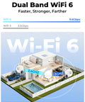 Illustration of WiFi 6 coverage in a house with labeled 2.4GHz and 5GHz signals, promoting Wireless Outdoor Security Camera Kit With 5G And 2.4G WiFi No Monthly Fees 2 Camera 4MP Solar Powered Home Surveillance System With 360 Degree PTZ 128GB Local Storage Color Night Vision Easy Local Recording.