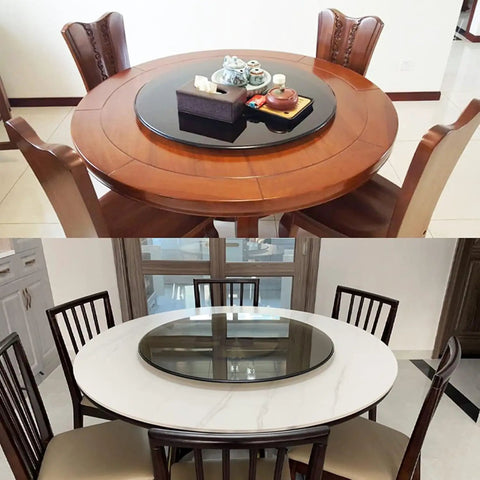 35 Inch Heavy Duty Lazy Susan Turntable Boasting Smooth Rolling Action Tempered Glass Top and Rock Solid Aluminum Base on round dining tables.
