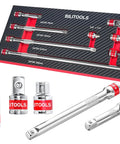 Eight Piece Three Eighths Inch Drive Socket Extension Set With Extra Long Bars, Socket Adapter, And Universal Joint For Pro Grade Performance And Easy Access In Tight Spots On Auto Repair And Home Projects, displayed with 3 to 12 inch bars.