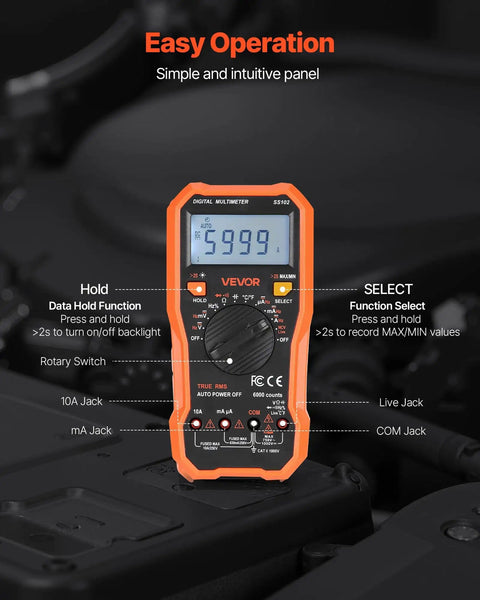 All In One Digital Multimeter TRMS 6000 Count DC AC Voltmeter And Current Tester With NCV displayed on black surface