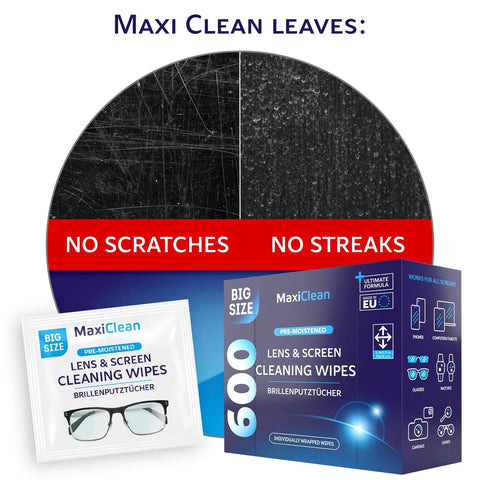 MaxiClean lens and screen cleaning wipes box and sachet with 600 pre-moistened individually wrapped wipes for glasses