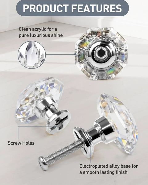 20 Pack Acrylic Drawer Cabinet Knobs Pulls With Three Size Screws Diamond Shaped Crystal Glass 28mm detail