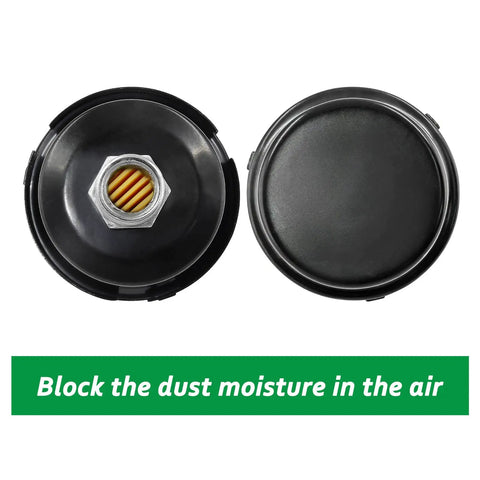 Two Pack Three Eighths Inch Air Compressor Muffler Silencer With 16mm Inlet Filter, black iron shell, top and bottom view