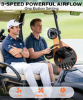 Golfers in cart with Rechargeable Golf Cart Clip On Fan 2 Pack Battery Powered Portable Cooling attached, showing airflow settings.
