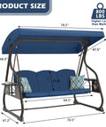 Three Seat Patio Porch Swing With Canopy And Adjustable Backrest, dimensions and heavy duty 800 lb capacity shown.