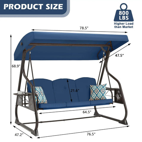 Three Seat Patio Porch Swing With Canopy And Adjustable Backrest, dimensions and heavy duty 800 lb capacity shown.