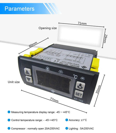 SF 102 Digital Temperature Controller For Freezers And Air Cooled Cabinets 110V Black With Digital Readout showing dimensions