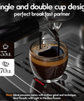 Heavy Duty Stainless Steel Espresso Machine Featuring A Clear Visual Pressure Gauge And A Mighty Twenty Bar Pump Pulling Straight Fire Shots With Knockout Quality Crema Daily, showing single and double cup design with espresso shots.