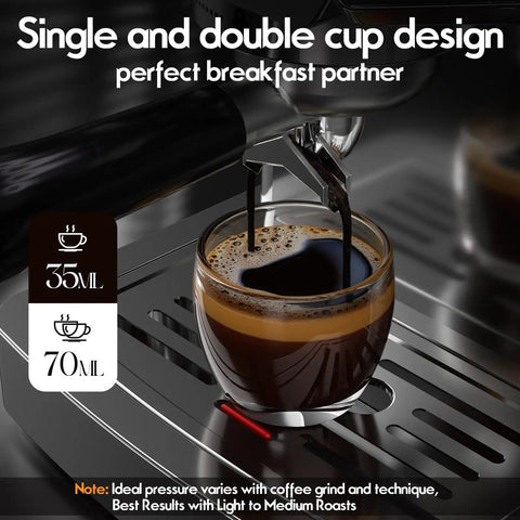 Heavy Duty Stainless Steel Espresso Machine Featuring A Clear Visual Pressure Gauge And A Mighty Twenty Bar Pump Pulling Straight Fire Shots With Knockout Quality Crema Daily, showing single and double cup design with espresso shots.