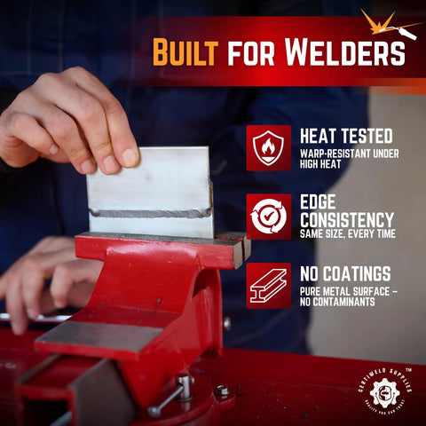 Hand holding Welding Practice Kit With 304 Stainless Steel Coupons 2 By 4 By 1/8 Inch Pack Of 20, showing edge consistency and heat resistance.