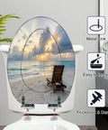 Elongated deck chair sandy beach waters edge seas Toilet Seat with scenic ocean view and sturdy metal links.