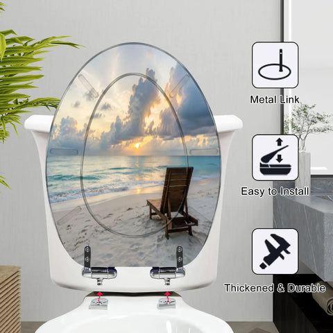 Elongated deck chair sandy beach waters edge seas Toilet Seat with scenic ocean view and sturdy metal links.