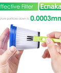 Hands cleaning a filter with a brush, highlighting "Six Pack HEPA Replacement Filters For DS1030 DS1020 Stick Vacuum Cleaners"