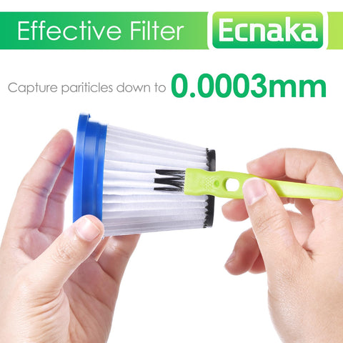 Hands cleaning a filter with a brush, highlighting "Six Pack HEPA Replacement Filters For DS1030 DS1020 Stick Vacuum Cleaners"