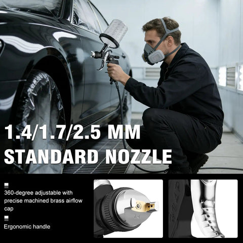 Heavy Duty HVLP Spray Gun Kit With Dual Cups And Precision Brass Nozzles Designed For Car Painting And Wood Finishing Delivering Silky Smooth Finish While Cutting Paint Waste Straight Fire Setup That Nails Diy Auto Body Jobs Like A Boss in use, focusing on ergonomic handle and 1.4/1.7/2.5 mm nozzle.