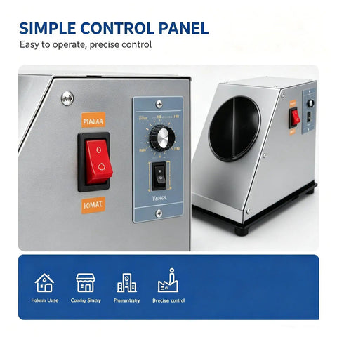 Heavy Duty Candy Coating Machine And Sugar Ball Coater Built Different Stainless Steel Workhorse With Timer Controlled Constant Temperature Dryer For Food And Pharma Lines 110V control panel with switches and dials