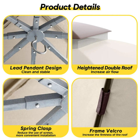 Close-up of features on Outdoor Patio Gazebo 10 By 13 Heavy Duty Steel Frame With Mosquito Netting And Double Roof Canopy Tent Shelter for Patio Lawn Backyard Garden Rugged Weather Resistant Easy Setup All Season Backyard Oasis.