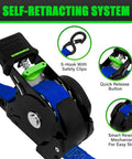 Close-up of Self Retracting Tie Down Straps Heavy Duty Cargo Ratchet Harness features, including S-hook and quick release system.