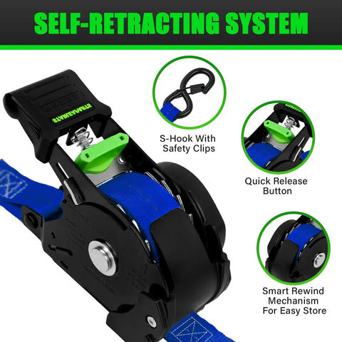 Close-up of Self Retracting Tie Down Straps Heavy Duty Cargo Ratchet Harness features, including S-hook and quick release system.