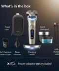 Ultra Prestige Wet And Dry Electric Shaver With SenseIQ Pro Technology Triple Lift And Cut System 360 Rotating NanoTech Precision Blades Beard Styler White Gold Finish For A Top Notch Clean Smooth Shave Anywhere accessories: travel case, nose trimmer, charging stand, USB-A cable