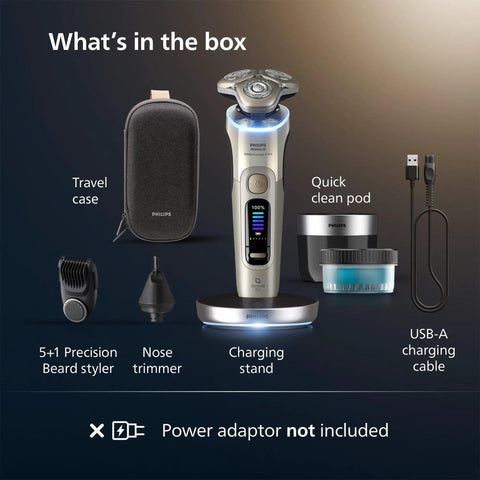 Ultra Prestige Wet And Dry Electric Shaver With SenseIQ Pro Technology Triple Lift And Cut System 360 Rotating NanoTech Precision Blades Beard Styler White Gold Finish For A Top Notch Clean Smooth Shave Anywhere accessories: travel case, nose trimmer, charging stand, USB-A cable