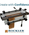 Versatile Dovetail Jig Kit With Router Template Guide Bushing And More for woodworking, showing setup with wood piece in use.