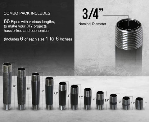 Gear Up Your DIY Projects With A Three Quarters Inch Nipples Assortment Kit For Steel Pipe Fittings In Black, Sixty Six Piece Set Layout