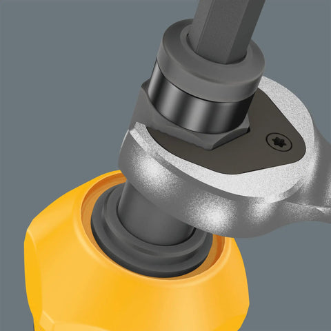 Close-up of Kraftform Kompakt 900 Imperial Impact Screwdriver Set, 19 Piece Kit head, showing black and yellow grip with metal components.