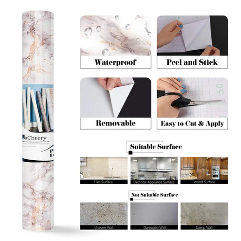 Grey Marble Peel And Stick Contact Paper For Countertops And Surfaces Durable Waterproof Kitchen And Bathroom Vinyl Wrap Removable Renter Friendly No Residue Easy To Clean with images showing waterproof, peel and stick, removable, easy to cut and apply features, suitable for various surfaces.