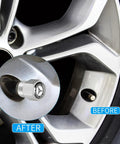 Wheel with Mercedes Benz Tire Valve Stem Cap Covers 4 Pack Aluminum Alloy Metal Wheel Air Caps in silver anodized finish, before and after installation.
