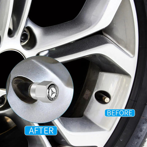 Wheel with Mercedes Benz Tire Valve Stem Cap Covers 4 Pack Aluminum Alloy Metal Wheel Air Caps in silver anodized finish, before and after installation.