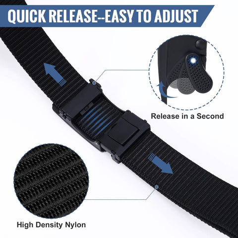 Close-up of Mens Black Ratchet Belt Nylon Tactical Belt With Automatic Slide Buckle For Everyday Casual Wear And Golf showing buckle adjustment details