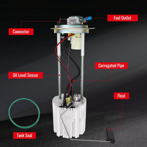 Electric Fuel Pump Module Assembly with labeled parts for Chevrolet Silverado 1500 and GMC Sierra 1500, 2014 to 2018, OE Part E4123M