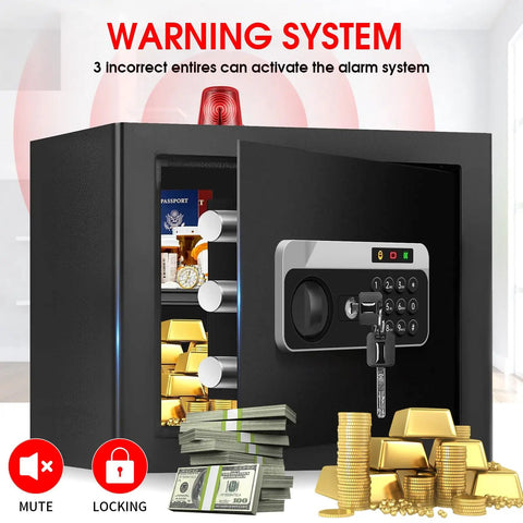 Open 1.3 Cu Ft Fireproof And Waterproof Safe Box With Digital Security And Combination Lock Alarm System Removable Shelf Anti Theft Design Ideal For Money Jewelry And Important Documents Compact Home Safe with gold bars and cash inside.