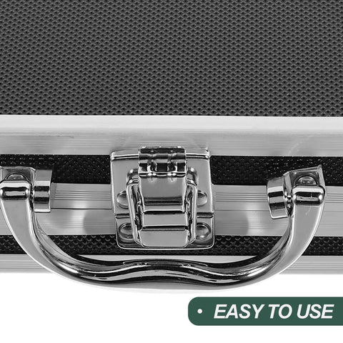 Close-up of Heavy Duty Metal Briefcase Toolbox With Rugged Handle And Smart Compartments, featuring a metal latch and durable surface.