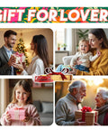 Collage of people exchanging gifts on various occasions, including a couple, family, child, and elderly pair.