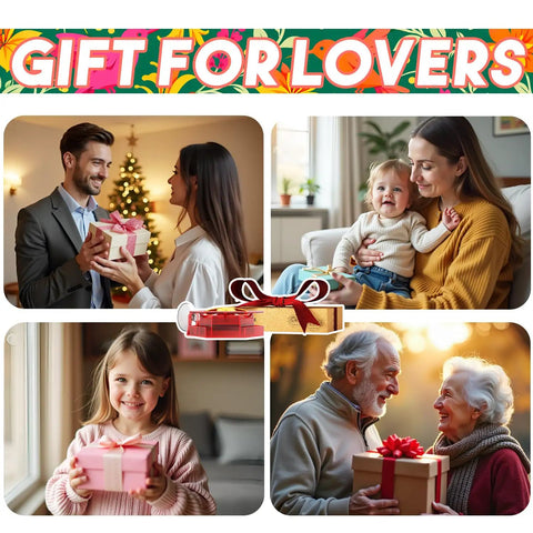 Collage of people exchanging gifts on various occasions, including a couple, family, child, and elderly pair.