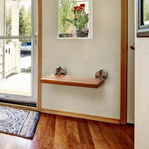 Teak Folding Shower Seat Wall Mounted 20 Inch Fold Down Bench Built To Last Waterproof Bathroom Shower Chair For Inside Shower Ideal For Elderly And Adults Heavy Duty Support Up To 400 Lb Capacity mounted on wall