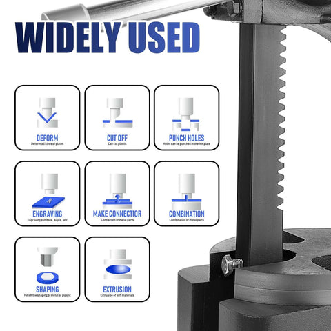 Top Shelf 3 Ton Arbor Press Machine Built With Legit Cast Iron Body And Badass Steel Anvil showing various usage icons.