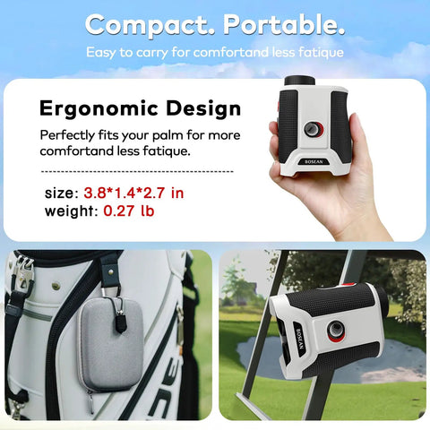 Golf Rangefinder With Slope And Magnetic Mount 1200 To 1500 Yard Range Finder 7x Magnification Flag Lock Vibration Rechargeable Distance Measurement Device For Men Black shown in hand and attached to golf bag, emphasizing portability and ergonomic design.