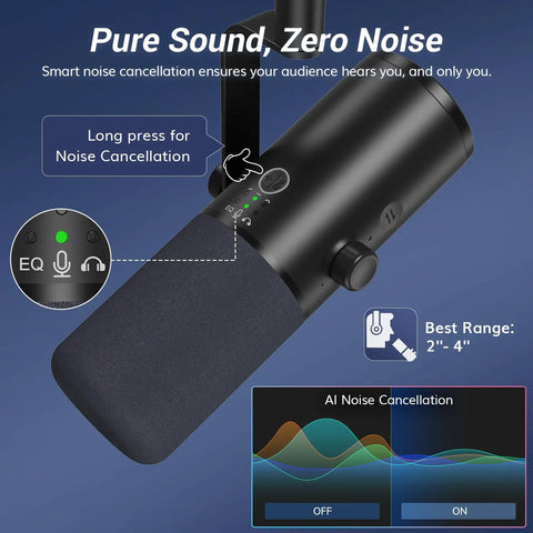 Dynamic Podcast Microphone For Studio With Cardioid XLR USB Outputs AI Noise Reduction Tap To Mute Three Point Five Millimeter Headphone Monitor Jack And Volume Control Boom Arm Included Black TD510 Air H Plus showing AI noise cancellation feature and control interface