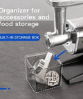 Heavy Duty Electric Meat Grinder Crushing Tough Cuts Up To Five Pounds A Minute features built-in storage box for accessories.