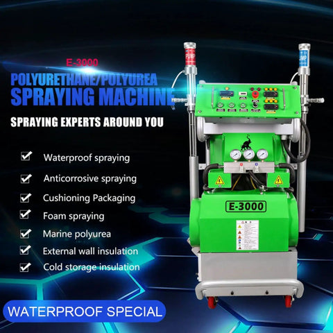 High Performance Dual Component Polyurethane PU Foam Spray Gun Kit For Professional Insulation And Sealing Applications With Balanced Material Flow And Easy Cleanup Feature For Diy And Contractor Use On Roof And Wall Projects. Green polyurethane spraying machine E-3000 with controls and hoses for efficient foam and insulation applications.