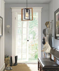 Dope Matte Black And Solid Wood Kitchen Island Pendant Light in bright foyer with French doors and coat stand